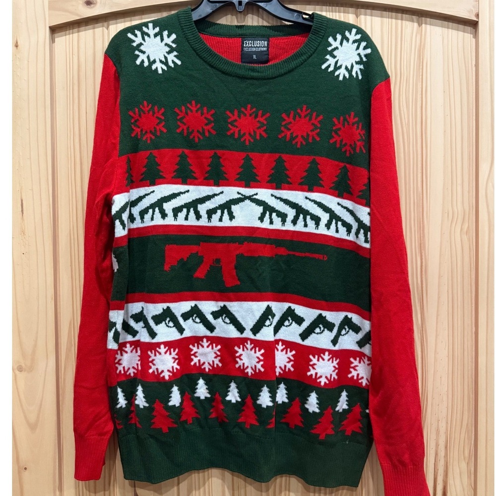Exclusion Clothing Mens XL Ugly Christmas Sweater Guns Tactical Holiday Green - Picture 1 of 7